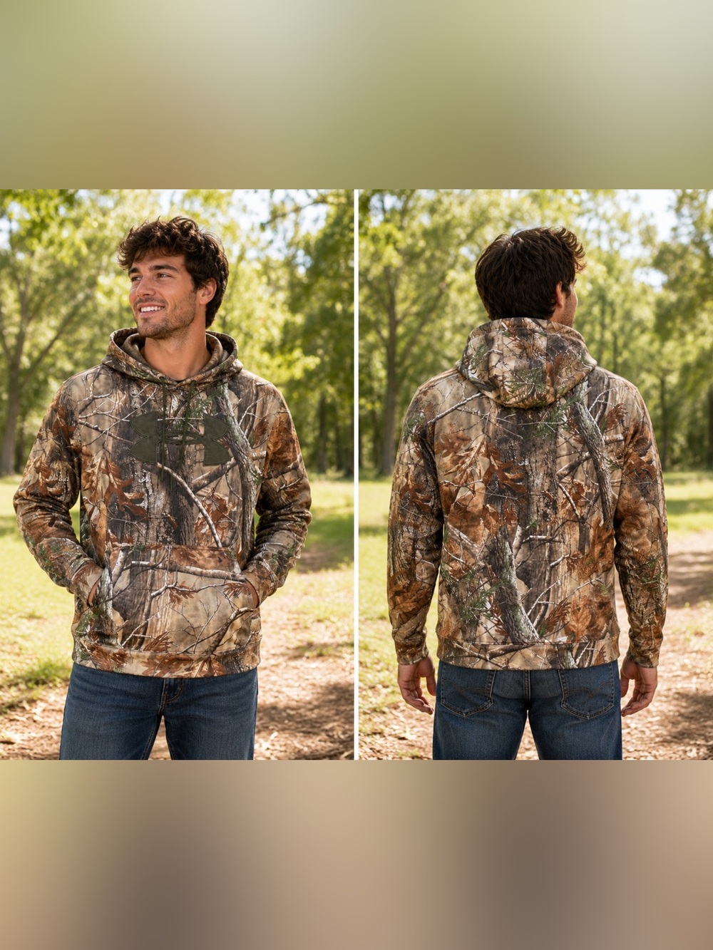 Under Armour Realtree Camo Hoodie with Green Logo size Large. EUC